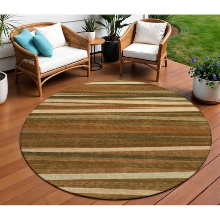 Homeroots 8' Brown Copper And Beige Round Striped Washable Indoor Outdoor Area Rug 597357