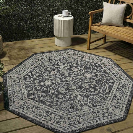 Jonathan Y Palazzo Vine and Border Textured Weave Black/Gray 8 ft Octagon Indoor/Outdoor Area Rug SMB103C-8TGN