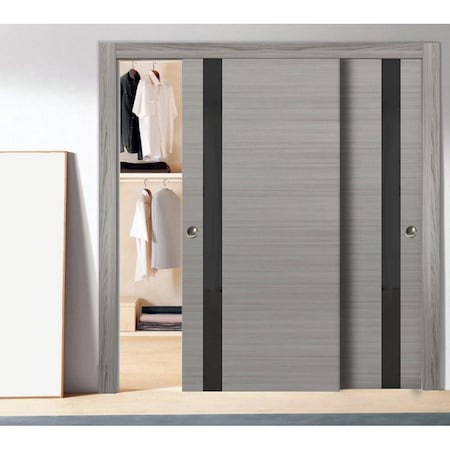 Sartodoors Sliding Closet Bypass Doors, Planum 0040 Grey Oak with Black Glass, Sturdy Rails Moldings Trims Har PLANUM0040DBD-SS-36
