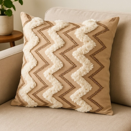 Homeroots 22" Tan And White Zigzag Linen Throw Pillow Cover with Embroidery 608172