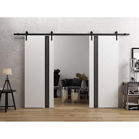 Sartodoors Double Barn Door 36 x 96 inches, Planum 0444 White Silk with Black Inserts and Frosted Glass, 13FT PLANUM0444DB-B-WS-3696