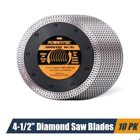 Powertec 4-1/2 Inch Diamond Saw Blades for Angle Grinder, Super Thin Turbo Mesh Rim Tile Blades, 10PK 14000-P10