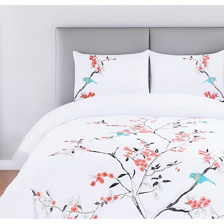 Homeroots Coral and White Queen 100% Cotton 200 Thread Count Washable Duvet Cover Set 528103