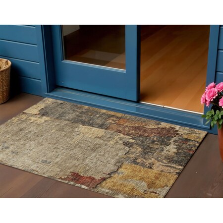 Homeroots 3' X 5' Khaki Charcoal And Terra Cotta Abstract Washable Indoor Outdoor Area Rug 606037