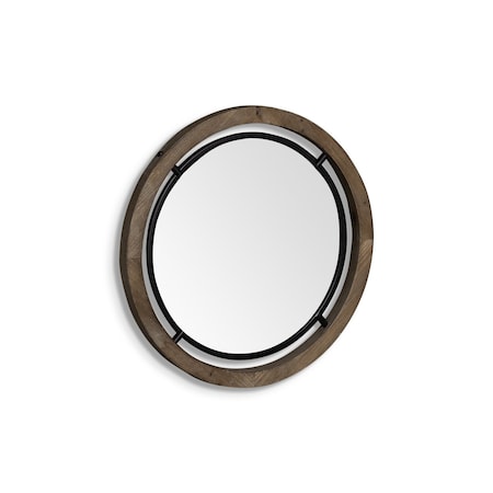 Homeroots 19" Black And Brown Metal And Solid Wood Round Geometric Framed Accent Mirror 376406