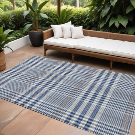 Homeroots 10' X 14' Navy Blue Ivory And Brown Plaid Washable Indoor Outdoor Area Rug 601493
