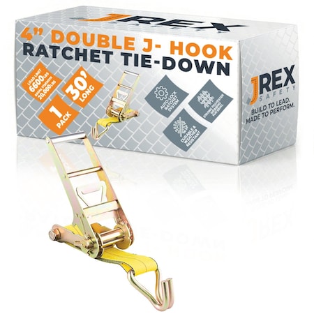 Jrex Safety HD Ratchet Strap with Double J Hooks, Yellow 4 in x 30 ft Tie Down RTD430-JR-DJH-1