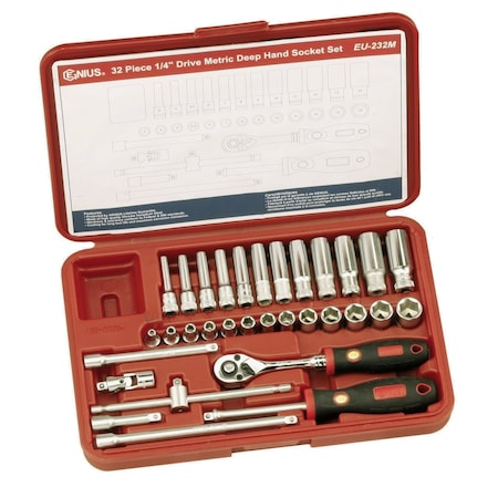 Genius Tools 32 Piece 1/4in Drive Metric Deep Hand Socket Set EU-232M