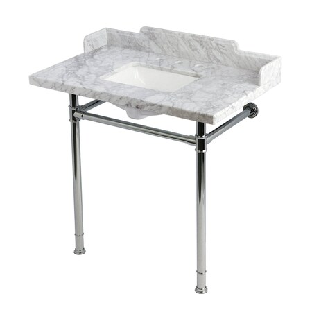 Kingston Brass 36-Inch Carrara Marble Console Sink with Stainless Steel Legs, 8-Inch, 3-Hole KMS36227M38SQ1