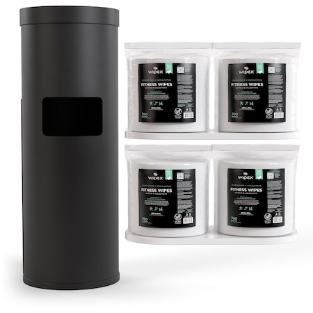 Wipex Plant-Based Fitness Wipes 700ct Bundle, 4 Rolls + Black Floor Dispenser w/ Trash Can WX72241BFDLERP4