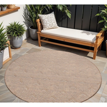 Homeroots 8' Brown And Beige Round Geometric Washable Indoor Outdoor Area Rug 594415