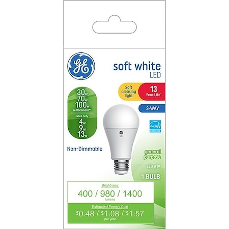 Ge Light Bulb, 3-Way, A19 Lamp, 30, 70, 100 W Equivalent, Medium Lamp Base, Non-Dimmable, White 93126861