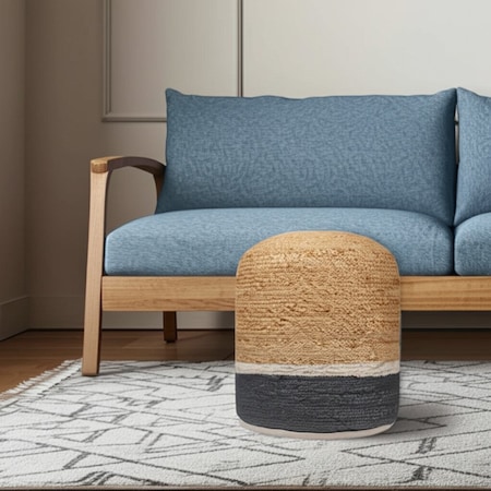 Homeroots 18" Natural And Gray Jute Blend Cylinder Striped Pouf Ottoman 551555