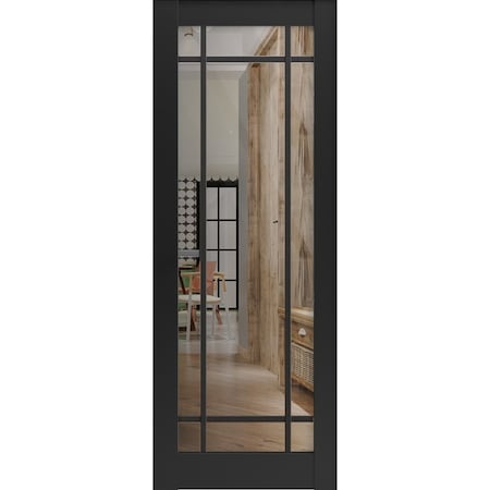 Sartodoors Slab Barn Door Panel Clear Glass, Lucia 2266 Matte Black and Aluminum Strips, Sturdy Finished Door LUCIA2266S-BLK-30 x 96