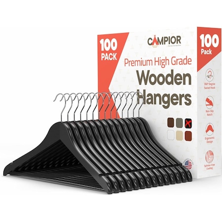 Lifemaster Wooden Clothes Hangers, Durable, Non-Slip, Space-Saving with 360 Deg Swivel Hook, Black, 100PK CMPWH100BK