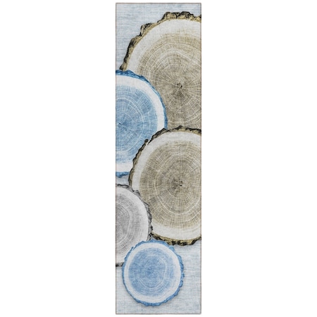 Homeroots 8' Runner Blue Gold and Gray Faux Bois Washable Non Skid Indoor Outdoor Runner Rug 564402