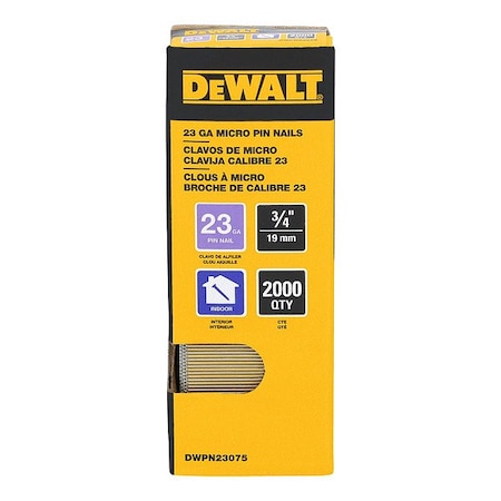 Dewalt Pin Nails, 3/4 in L, 23 ga, Galvanized, Headless Head, 0 Degrees, 2000 PK DWPN23075