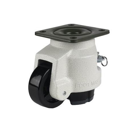 Foot Master Leveling Caster, Rachet , 75mm Nylon Wheel, 95x95mm Plate, Swivel, 750kg Cap, NBR Foot Pad, Ivory GDR-100-F-NYN