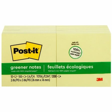 3M Post-it Notes, Original, 3inx3in, 100 Sh/PD, 12/PK, Canary YW; NOTE, POST-IT, RCYC, 3X3, 12PK 654RPYW