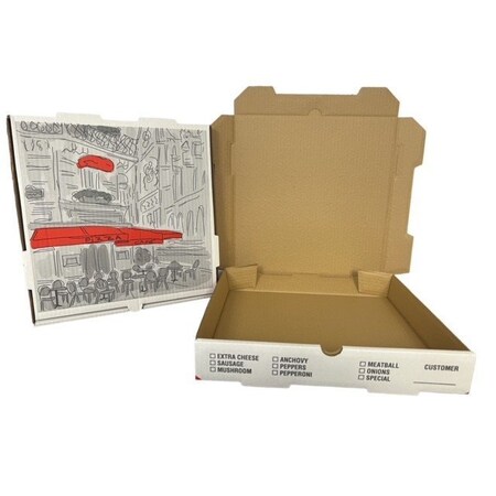 Integrated Bagging Systems 14x14x2 White Print Pizza Cafe Box White / Kraft B Flute 300030