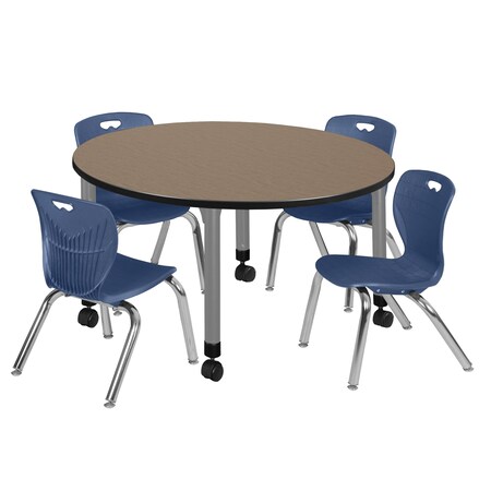 Regency Round Kee Mobile Adjustable Classroom Table W/ 4 Andy Chairs, 48 in W, 48 in L, Noble Oak TB48RNDNOAPCGY45NV
