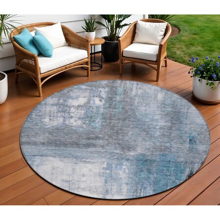 Homeroots 8' Blue Gray And Ivory Round Abstract Washable Indoor Outdoor Area Rug 603613