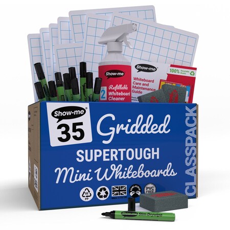 Show-Me Classpack of 35 x Gridded/Plain SUPERTOUGH 8" x 12" Lapboards, with Pens, Erasers, Cleaner, 35PK C/SRGX