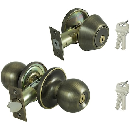 Prosource Deadbolt and Entry Lockset, Turnbutton Lock, Saturn Design, Antique Brass, 3 Grade, Brass B38B1-PS