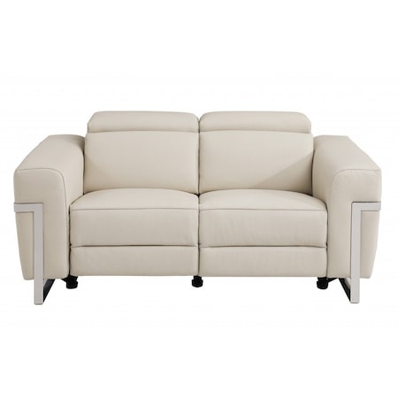 Homeroots 65in Beige And Silver Italian Leather Power Reclining Loveseat 482202