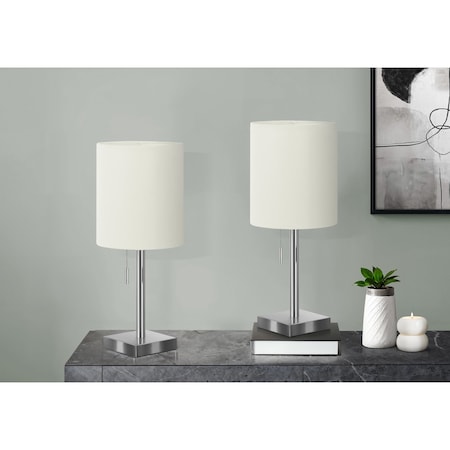 Monarch Specialties Lighting, Set Of 2, 17 in.H, Table Lamp, Nickel Metal, Ivory / Cream Shade I 9649