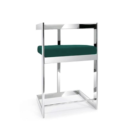 Homeroots 30" Green and Silver Metal and Velvet Low Back Bar Height Bar Chair 555067