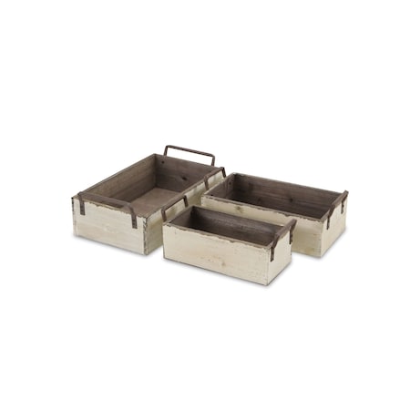 Homeroots Set of Three Off White Solid Wood And Metal Crate, 3PK 487715