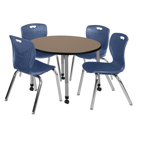 Regency Round Kee Mobile Adjustable Classroom Table W/ 4 Andy Chairs, 42 in W, 42 in L, Noble Oak TB42RNDNOAPCGY40NV