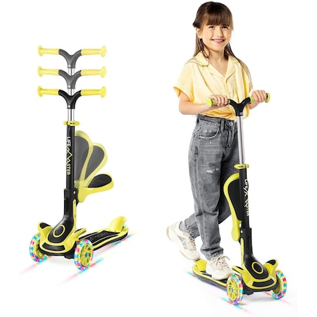 Lifemaster Kids 3-Wheel Scooter w/ Foldable Seat, LED Wheels, Adjustable Handlebar, Indoor/Outdoor Yellow LIFMS62