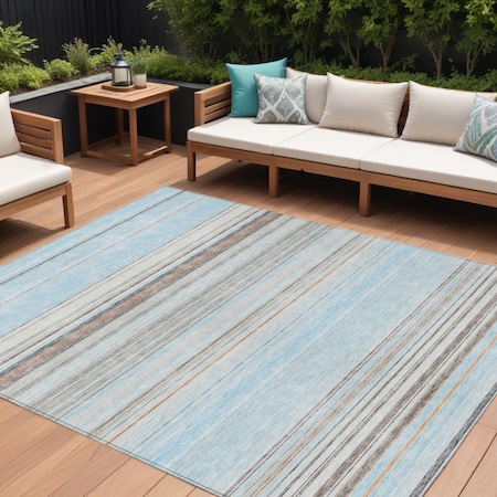 Homeroots 9' X 12' Sky Blue Gray And Beige Striped Washable Indoor Outdoor Area Rug 614837