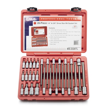 Genius Tools 28PC 1/4 & 3/8in Dr. Long Star Bit Socket Set BS-2328TL