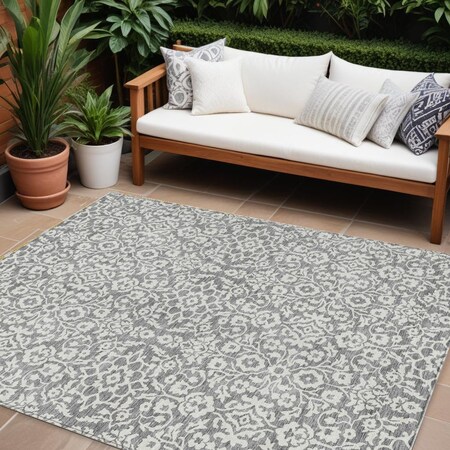 Homeroots 9' X 12' Gray And Ivory Damask Washable Indoor Outdoor Area Rug 595155