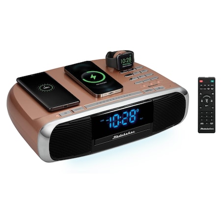 Studebaker Workstation Hi-Fi Music System with FM Radio, CD and Qi Wireless Charging Station, Rose/Gold SB5050RG-PD