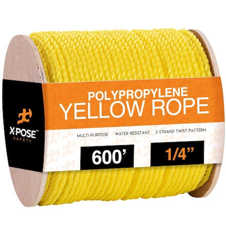 Xpose Safety 600 ft Twisted Poly Rope, 1/4, Yellow Floating Poly Pro Cord YPR14-600-X