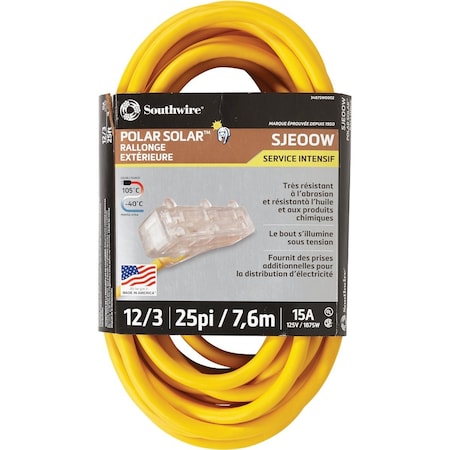 Southwire Polar Solar 25 Ft. 12/3 Cold Weather 3-Outlet Extension Cord 3487SW0002