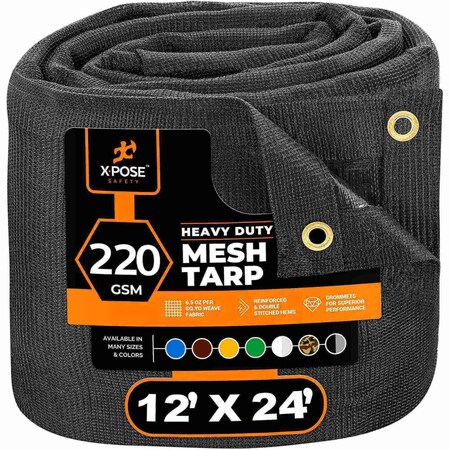 Xpose Safety Heavy Duty Mesh Tarp, 12 ft x 24 ft, 220 GSM, Black, Mesh ...
