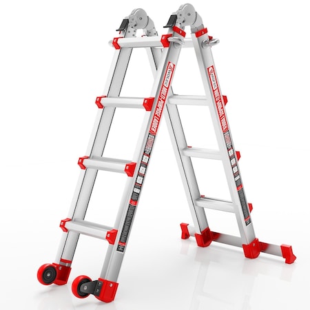 Wrightmaster 14 ft. Aluminum Multi-Position Ladder with Wheels and Stabilizer Bar, 330 lbs. Load Capacity Red ZOR-14FT-RD