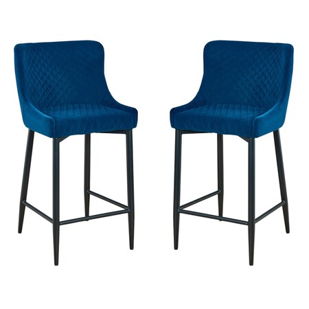 Homeroots Set of Two 26" Blue and Black Velvet and Metal Low Back Counter Height Bar Chairs, 2PK 555057