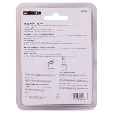 Prosource Furniture Leg Tip, Round, Plastic, White, 5/8 in Dia, 5/8 in H FE-50612-PS