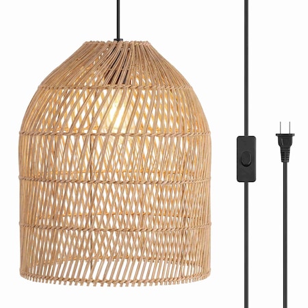 Jonathan Y Koda 13 in. 1-Light Farmhouse Coastal Bohemian Rattan 180 in. Cord Plug-In or Hardwired LED Pendant, JYL1401A