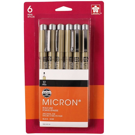 Sakura Pigma Micron Pens, Black, Size 12, Blister Card, 6-Piece Set 50132