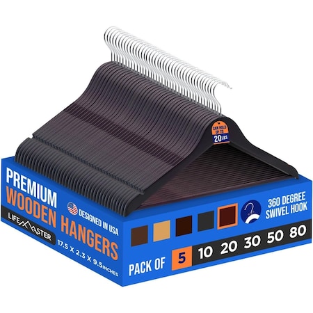 Lifemaster Wooden Hangers, Swivel Hook, Non-Slip, Pants Bar, Holds 10 lbs, Cherry, 5PK LMWD5CRY