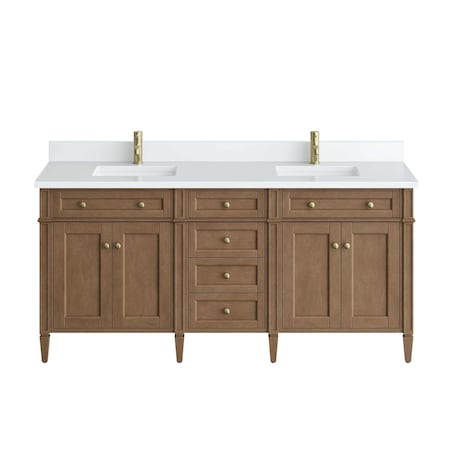 James Martin Vanities Brittany 72" Dbl Vanity, Pecan w/ Sgl Hole 3 CM White Zeus Silestone Top and Matching Backsplash 655-V72-PCN-1WZ