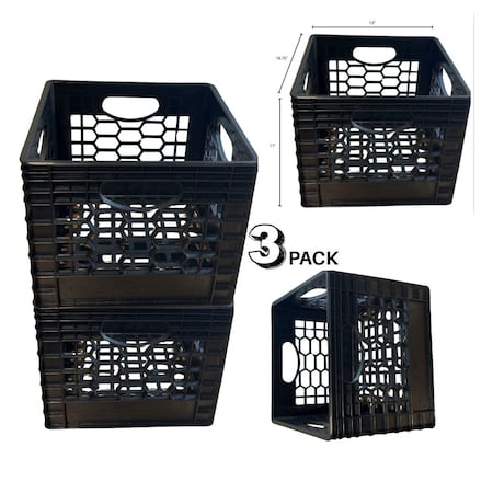 Cratemate Heavy Duty Multi-Purpose Milk Crate Storage, Black, 13 in H, 11 in W, 18-3/4 in L, 3 PK MC24QT-BL-3