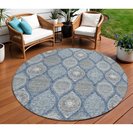 8' Navy Blue Ivory And Taupe Round Floral Medallion Washable Indoor Outdoor Area Rug